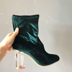 Clear heel velvet green bootie